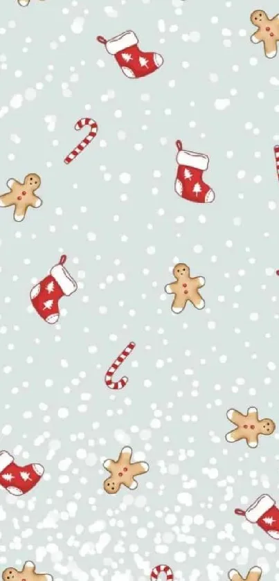 Festive mobile wallpaper with gingerbread men, stockings, and candy canes.