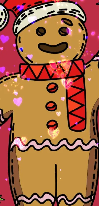 Festive gingerbread man with red background and colorful stars.