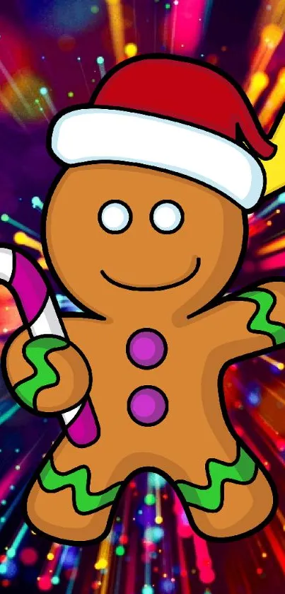 Gingerbread man with candy cane and vibrant festive lights.