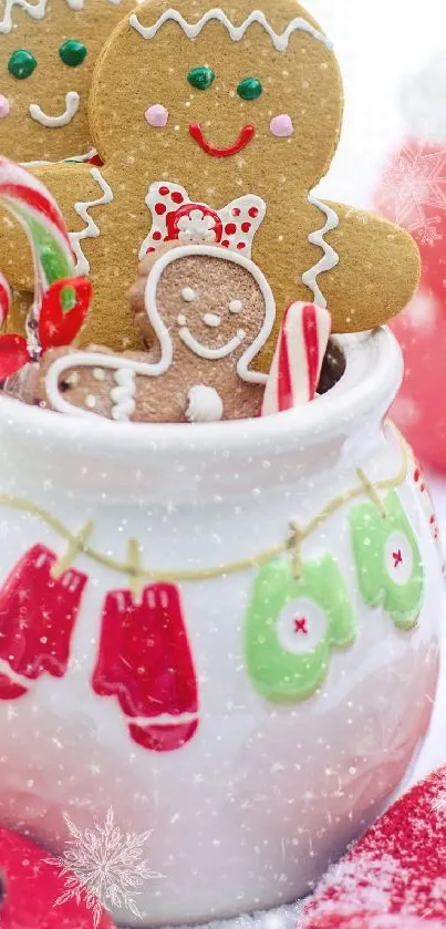 Festive gingerbread and candy cane wallpaper for mobile phones.