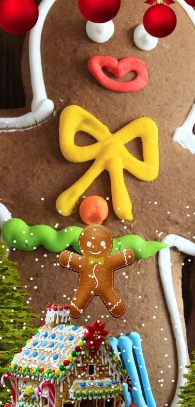 Gingerbread man with colorful Christmas decorations.
