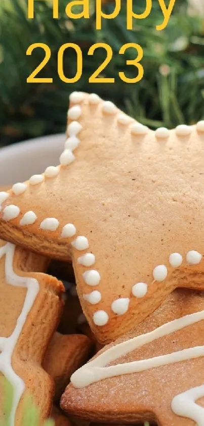 Happy 2023 gingerbread cookies with festive pine decorations.