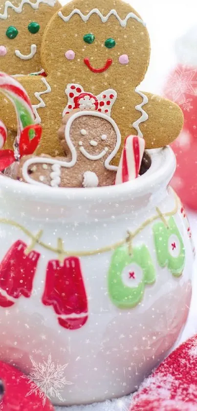 Festive wallpaper with gingerbread cookies and holiday decor.