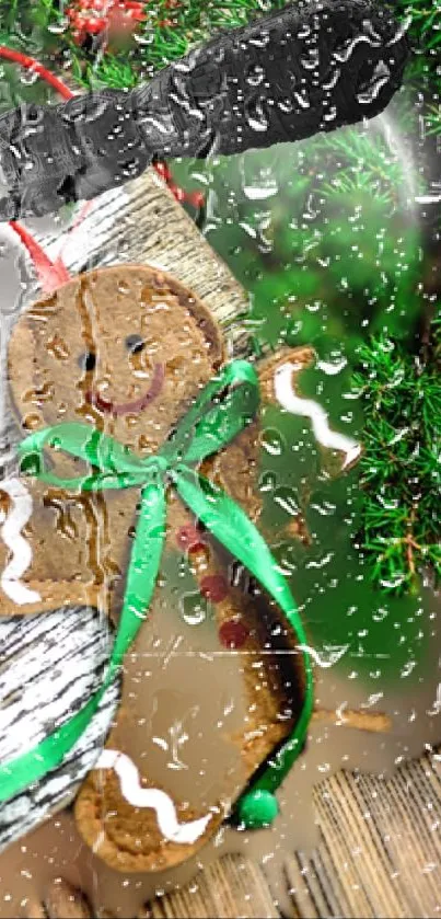 Festive gingerbread man with green bow and holiday decor on rainy window.