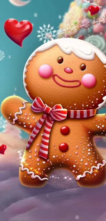 Festive gingerbread man with red hearts.