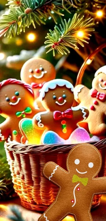 Bright gingerbread cookies in a festive basket with holiday lights.