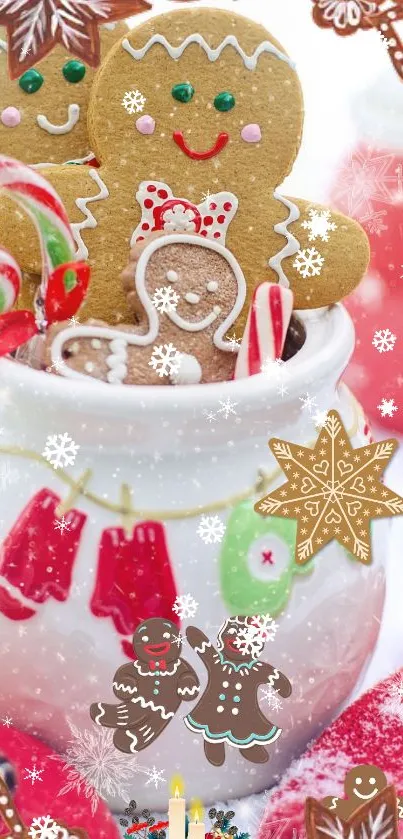 Festive gingerbread cookies with holiday decorations on a mobile wallpaper.