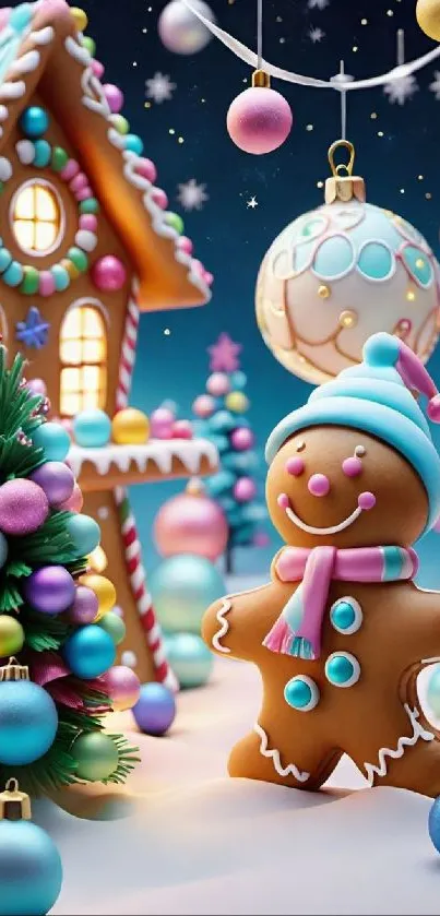 Gingerbread man in festive holiday village setting with colorful decorations.