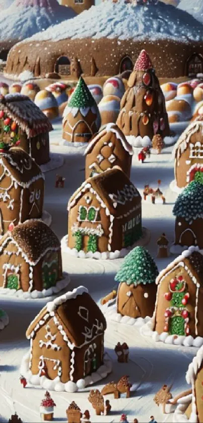 Gingerbread houses in a snowy landscape with colorful decorations.