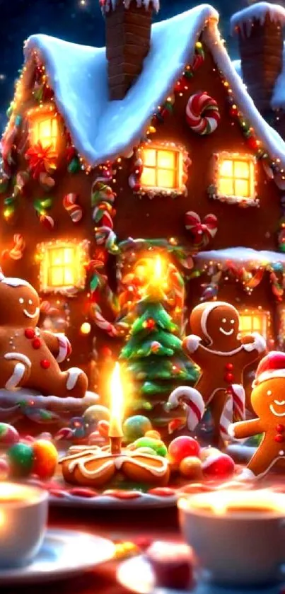 Gingerbread house with decorations and lights in festive setting.