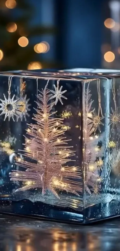 Festive glass cube with holiday lights enhancing the Christmas spirit.