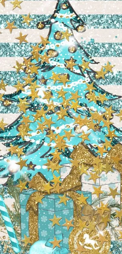 Glittering teal Christmas tree with golden stars.