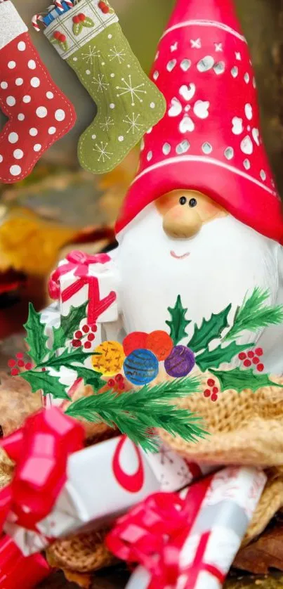 Festive gnome with gifts and stockings, perfect for Christmas phone wallpaper.