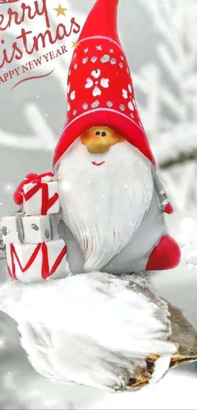 Festive gnome with gifts in snowy setting, Christmas wallpaper.