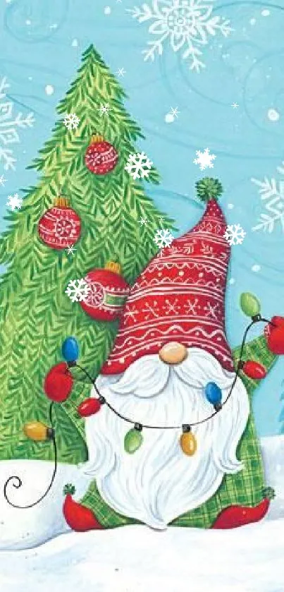 Whimsical gnome in vibrant winter scene with Christmas decorations.