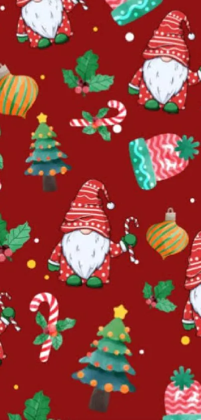 Festive gnome Christmas wallpaper with holiday decor on red background.