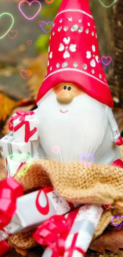 A festive gnome with gifts on a rustic background, perfect for holiday decor.