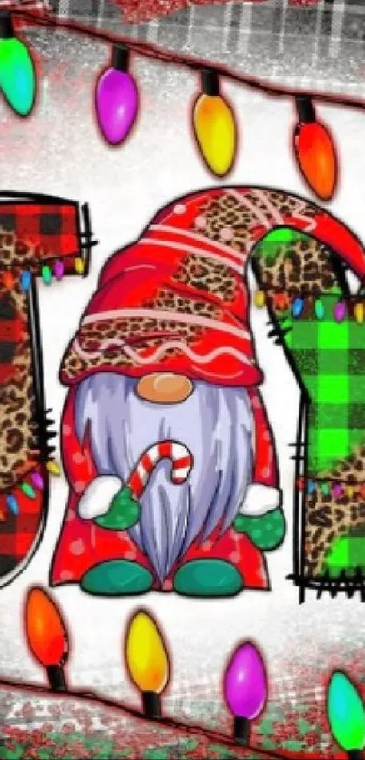 Festive gnome with plaid letters and Christmas lights on wallpaper.