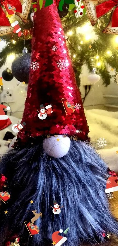 Charming gnome with a red hat by a Christmas tree.
