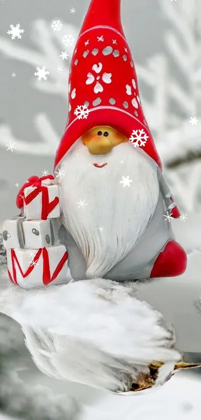Festive gnome with gifts in snow-covered scene.