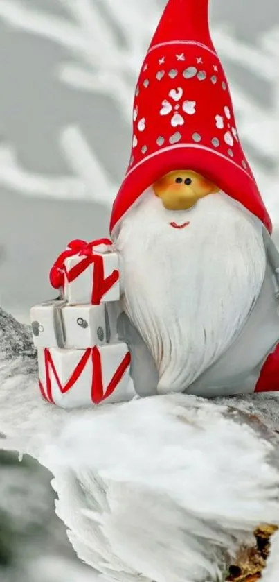 Festive gnome with gifts on snowy branch.