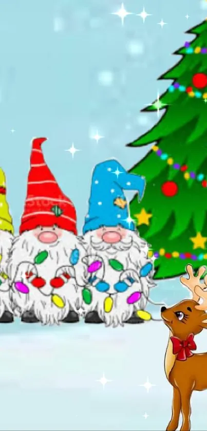 Festive wallpaper with gnomes, a Christmas tree, reindeer, and Santa's sleigh.