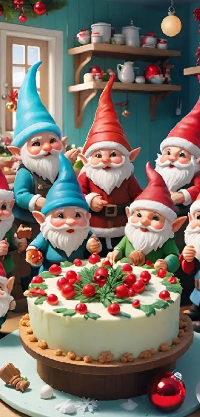 Gnomes gather around a festive cake in a cozy, decorated kitchen.