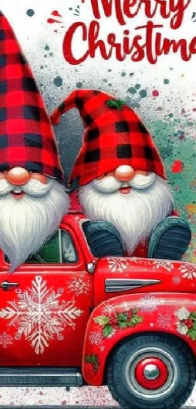 Festive gnomes on red truck Christmas wallpaper with Merry Christmas text.