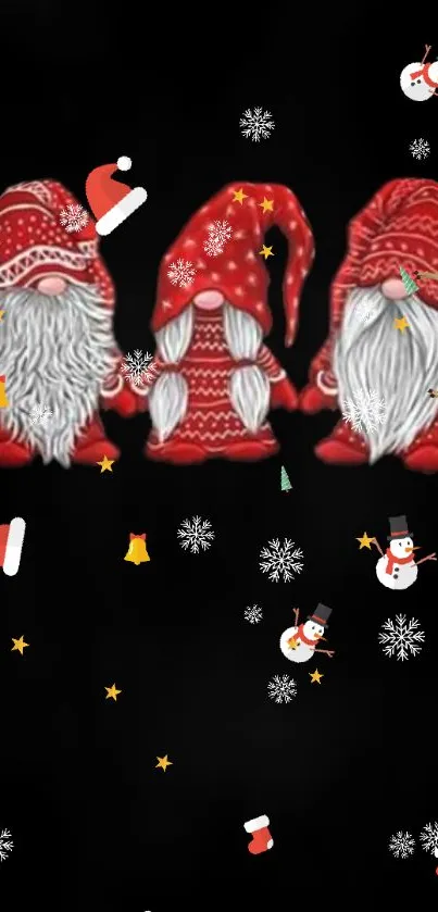 Festive gnomes with red hats on black background, holiday themed wallpaper.