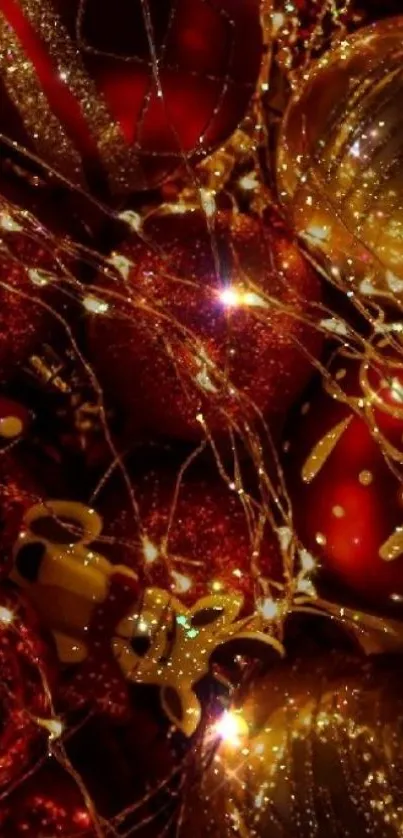 Gold and red ornaments with Christmas lights.