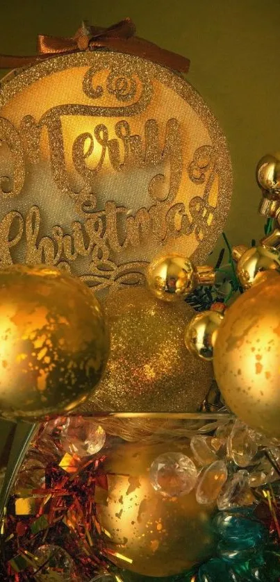 Golden Christmas ornaments with festive decor.