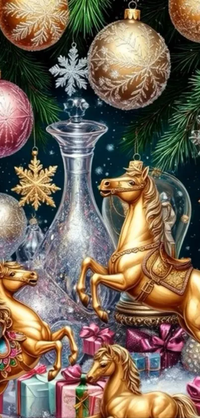 Gold and festive wallpaper with a horse and Christmas ornaments.