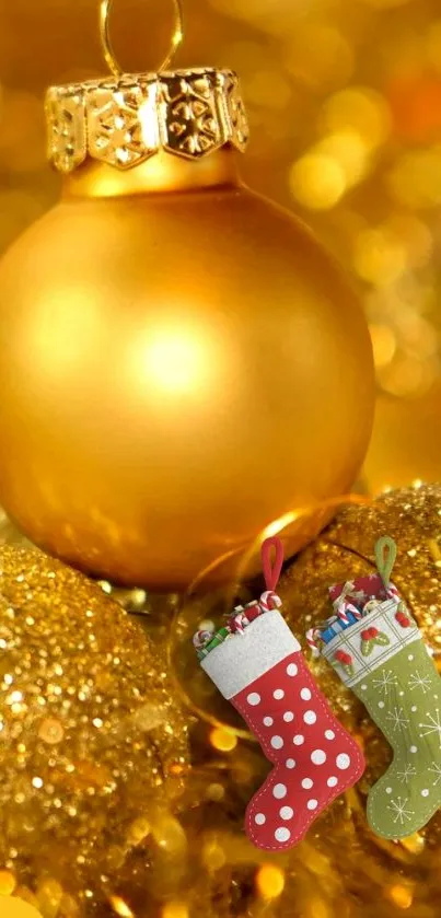 Gold Christmas ornament mobile wallpaper with festive stockings.