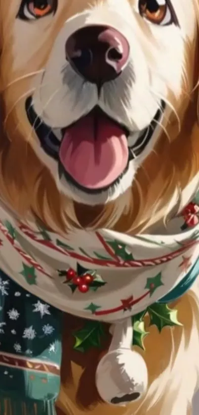 Charming golden retriever wearing a festive scarf, perfect for a mobile wallpaper.