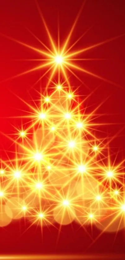 Shimmering golden tree with starbursts on a red background.