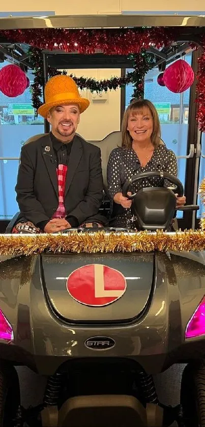 Festive decorated golf cart in holiday spirit.