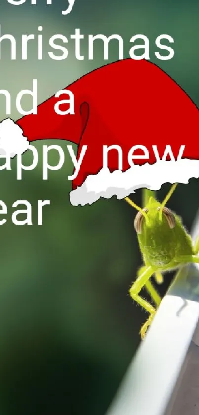 Grasshopper with Santa hat, Merry Christmas message on green background.