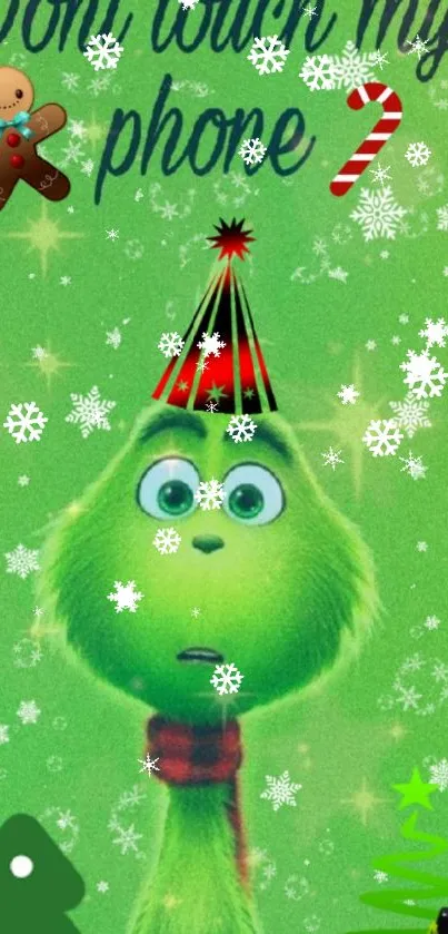 Festive green cartoon wallpaper with Christmas elements.