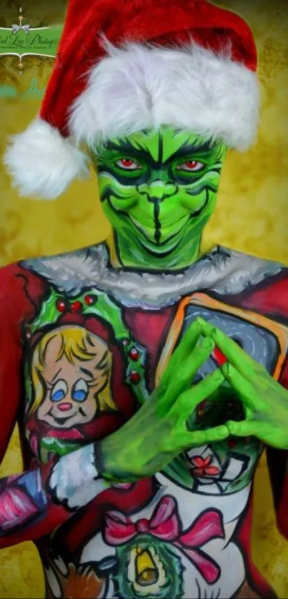 Green character in festive body paint with Santa hat on colorful background.