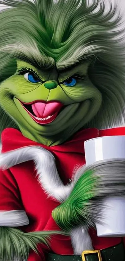 Festive green character with a mug in holiday attire.