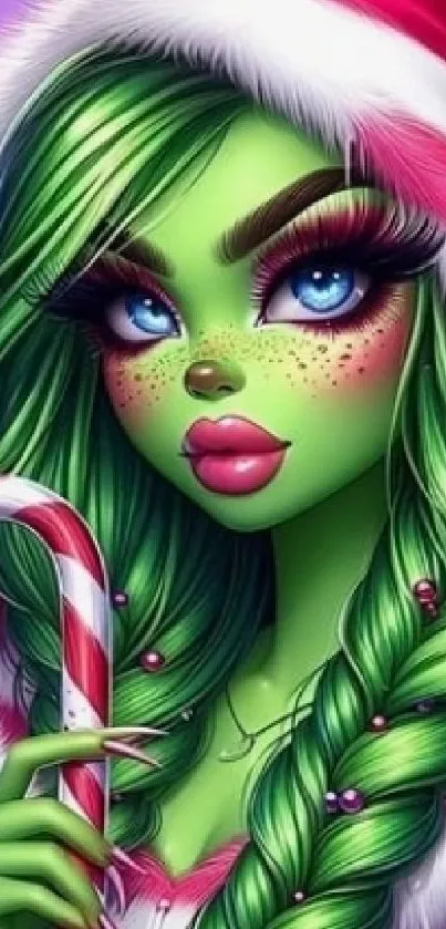 Festive green character holding a candy cane, in a colorful holiday-themed illustration.