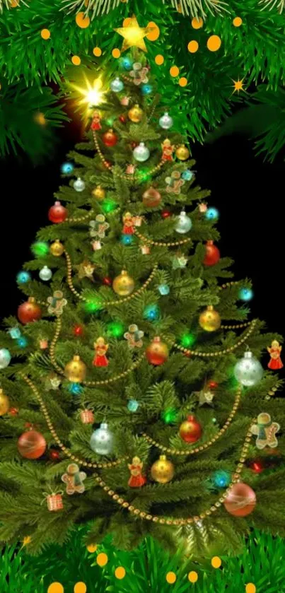Festive mobile wallpaper with green pine branches and golden lights.
