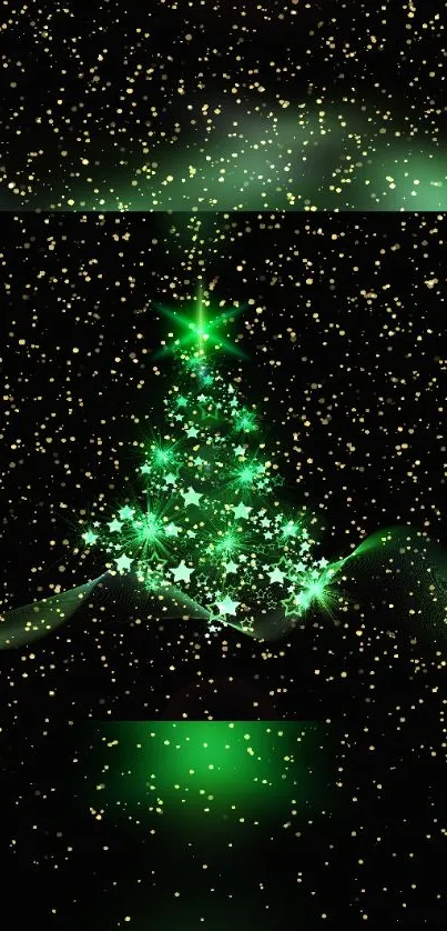 Green Christmas tree with stars on dark background wallpaper.