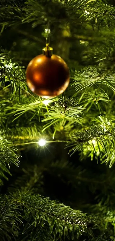 Green Christmas tree with bronze bauble and glowing lights.