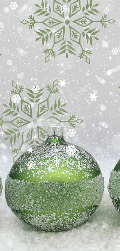 Green Christmas ornaments and snowflakes wallpaper.