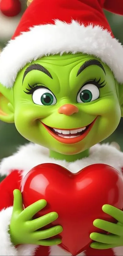 Green elf in Santa attire holding a heart with a festive background.