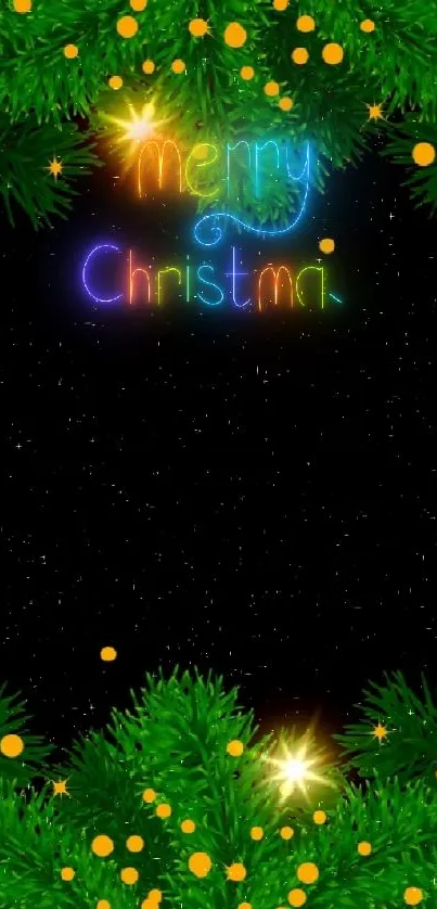 Mobile wallpaper with green garlands and sparkling lights.