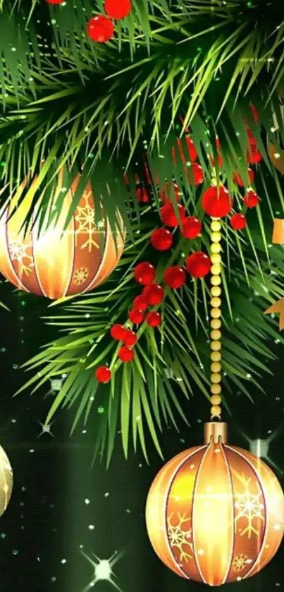 Festive mobile wallpaper with Christmas ornaments and green branches.