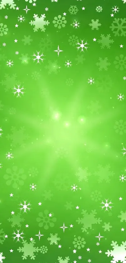 Green wallpaper with snowflake and starburst patterns creating a festive look.