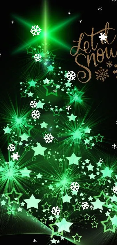 Green starry Christmas tree wallpaper with glowing lights and snowflakes.